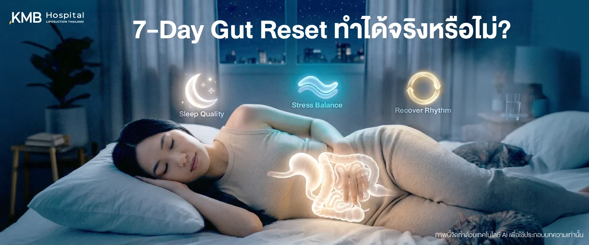 ผู้หญิงนอนหลับพร้อมภาพระบบทางเดินอาหาร สื่อถึงแนวคิด 7-Day Gut Reset เพื่อดูแลสุขภาพลำไส้ คุณภาพการนอน ความเครียด และจังหวะการฟื้นตัวของร่างกาย