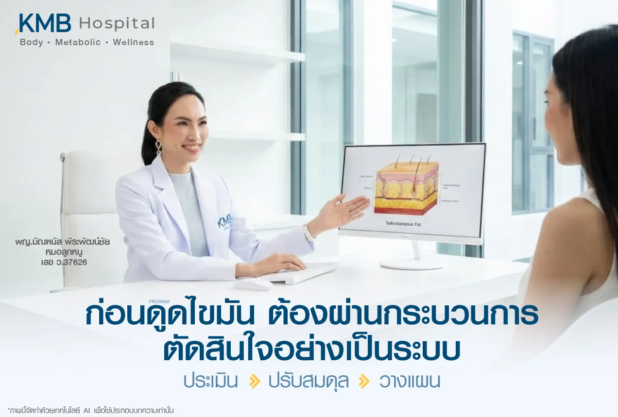 ภาพแพทย์ KMB Hospital อธิบายกระบวนการตัดสินใจก่อนทำโปรแกรมดูดไขมันอย่างเป็นระบบ ตั้งแต่การประเมินร่างกาย การปรับสมดุลความพร้อม ไปจนถึงการวางแผนดูแลเฉพาะบุคคล