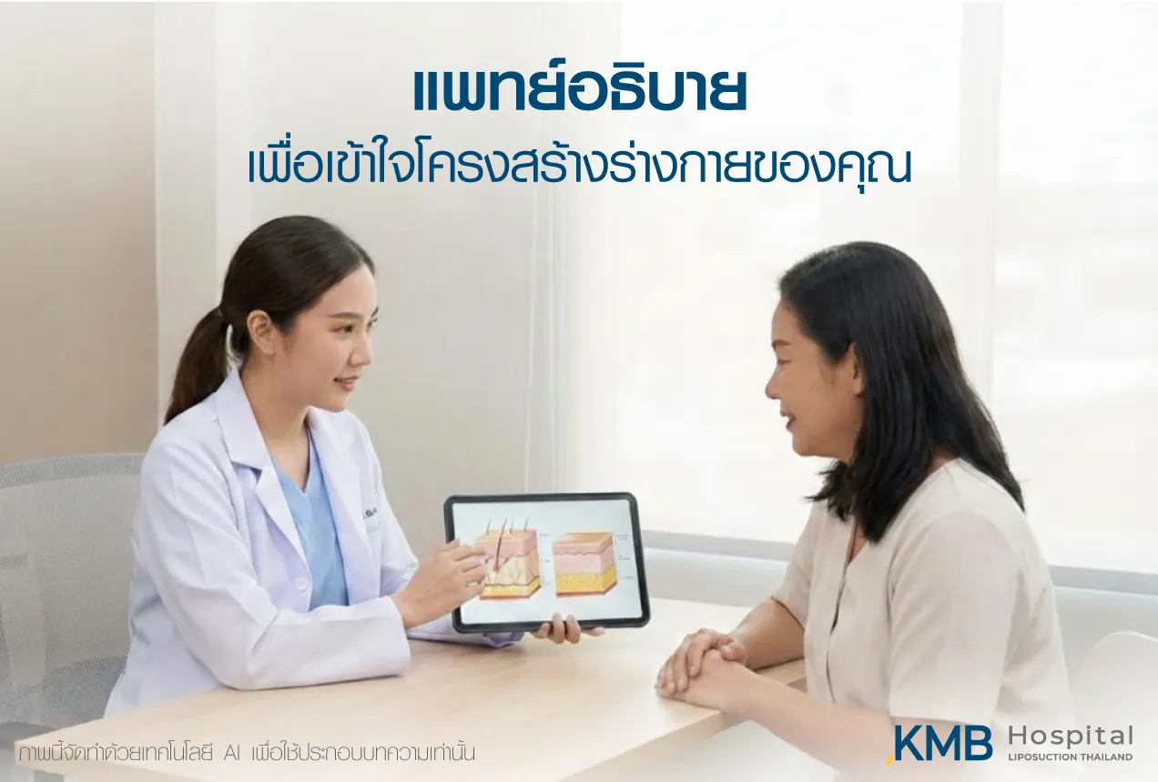 ภาพแพทย์ KMB Hospital อธิบายโครงสร้างผิวและชั้นไขมันแก่ผู้รับบริการ เพื่อช่วยให้เข้าใจร่างกาย ความแตกต่างของผลลัพธ์ และวางแผนดูแลอย่างเหมาะสมก่อนตัดสินใจ