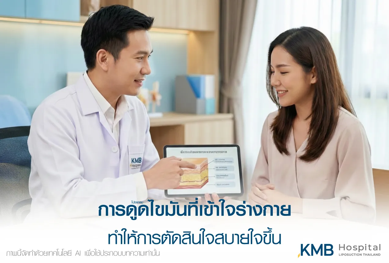 ภาพแพทย์ KMB Hospital อธิบายชั้นไขมันและแนวทางการดูแลแก่ผู้รับบริการ เพื่อช่วยให้เข้าใจร่างกาย วางแผนโปรแกรมดูดไขมัน และตัดสินใจได้อย่างเหมาะสม