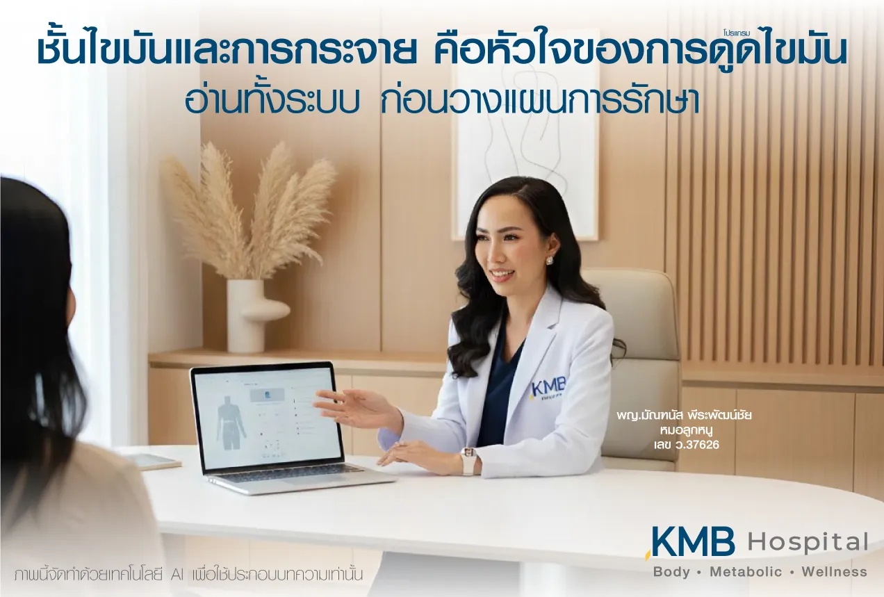 ภาพแพทย์ KMB Hospital อธิบายการประเมินชั้นไขมันและรูปแบบการกระจายของไขมันก่อนทำโปรแกรมดูดไขมัน เพื่อช่วยวางแผนการรักษาอย่างเป็นระบบและเหมาะสมกับแต่ละบุคคล