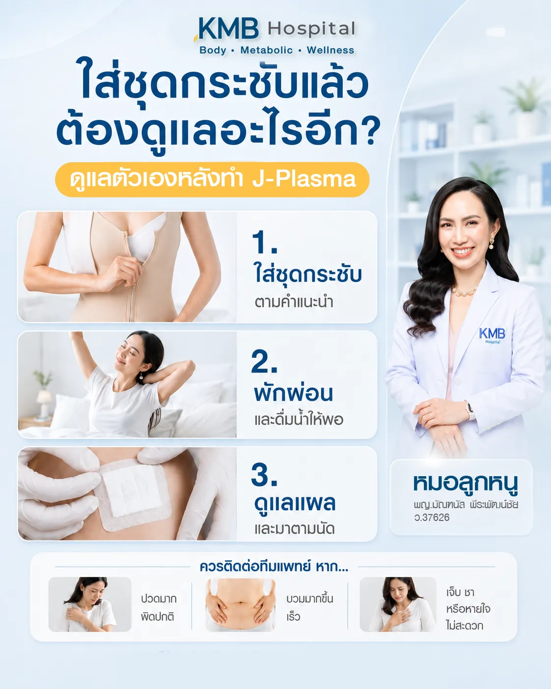 อินโฟกราฟิกแนะนำการดูแลหลังทำ J-Plasma หลังใส่ชุดกระชับ เช่น การพักฟื้น การดูแลแผล การดื่มน้ำ และการปฏิบัติตามคำแนะนำแพทย์
