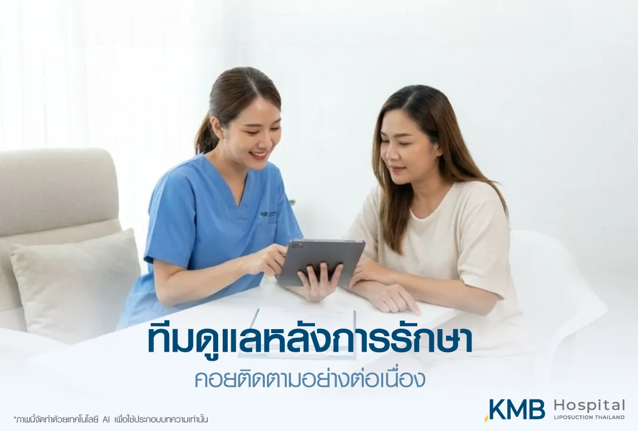 ทีมดูแลหลังการรักษาของ KMB Hospital อธิบายข้อมูลผ่านแท็บเล็ตและติดตามการฟื้นตัวของผู้รับบริการอย่างต่อเนื่อง