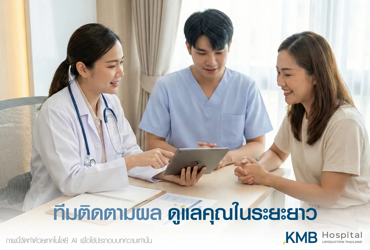 แพทย์และทีมติดตามผลร่วมอธิบายข้อมูลผ่านแท็บเล็ตแก่ผู้รับบริการ เพื่อดูแลและติดตามผลในระยะยาว
