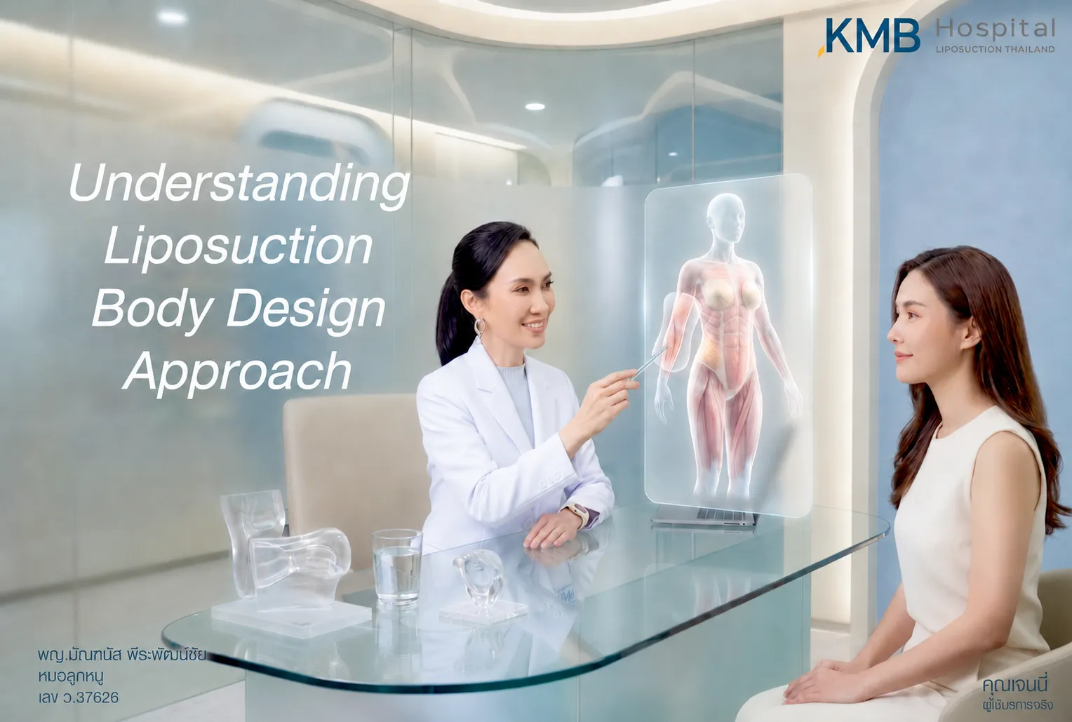 ภาพแพทย์ KMB Hospital ให้คำปรึกษาผู้รับบริการเกี่ยวกับแนวคิด Liposuction Body Design พร้อมอธิบายโครงสร้างร่างกายและบริเวณไขมัน เพื่อวางแผนโปรแกรมดูดไขมันและปรับสัดส่วนเฉพาะบุคคล