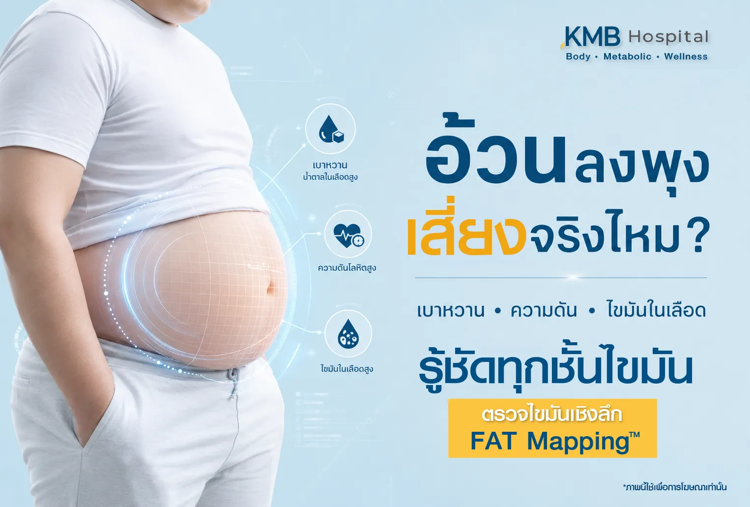 ภาพประกอบบทความ KMB Hospital เรื่องอ้วนลงพุงและความเสี่ยงต่อสุขภาพ เช่น เบาหวาน ความดันโลหิตสูง และไขมันในเลือดสูง พร้อมการตรวจไขมันเชิงลึกด้วย FAT Mapping เพื่อตรวจประเมินชั้นไขมันอย่างละเอียด