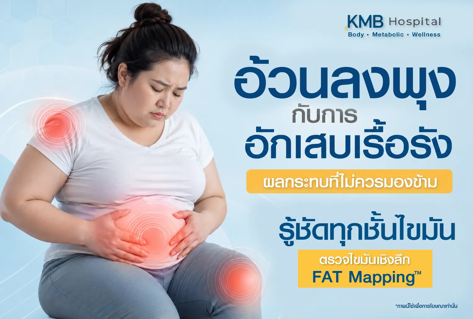 ภาพอินโฟกราฟิก KMB Hospital เรื่องอาการปวดท้องและความไม่สบายบริเวณหน้าท้องที่อาจเกี่ยวข้องกับไขมันสะสมและการอักเสบ แสดงผู้หญิงนั่งกุมท้องพร้อมสัญลักษณ์จุดปวด และแนะนำการตรวจไขมันเชิงลึกด้วย FAT Mapping เพื่อประเมินสาเหตุสุขภาพอย่างละเอียด