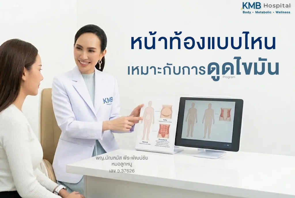 ภาพแพทย์ KMB Hospital ให้คำปรึกษาผู้รับบริการเกี่ยวกับลักษณะหน้าท้องที่อาจเหมาะกับโปรแกรมดูดไขมัน โดยใช้ข้อมูลและภาพประกอบเพื่อประเมินไขมันและวางแผนการรักษาเฉพาะบุคคล