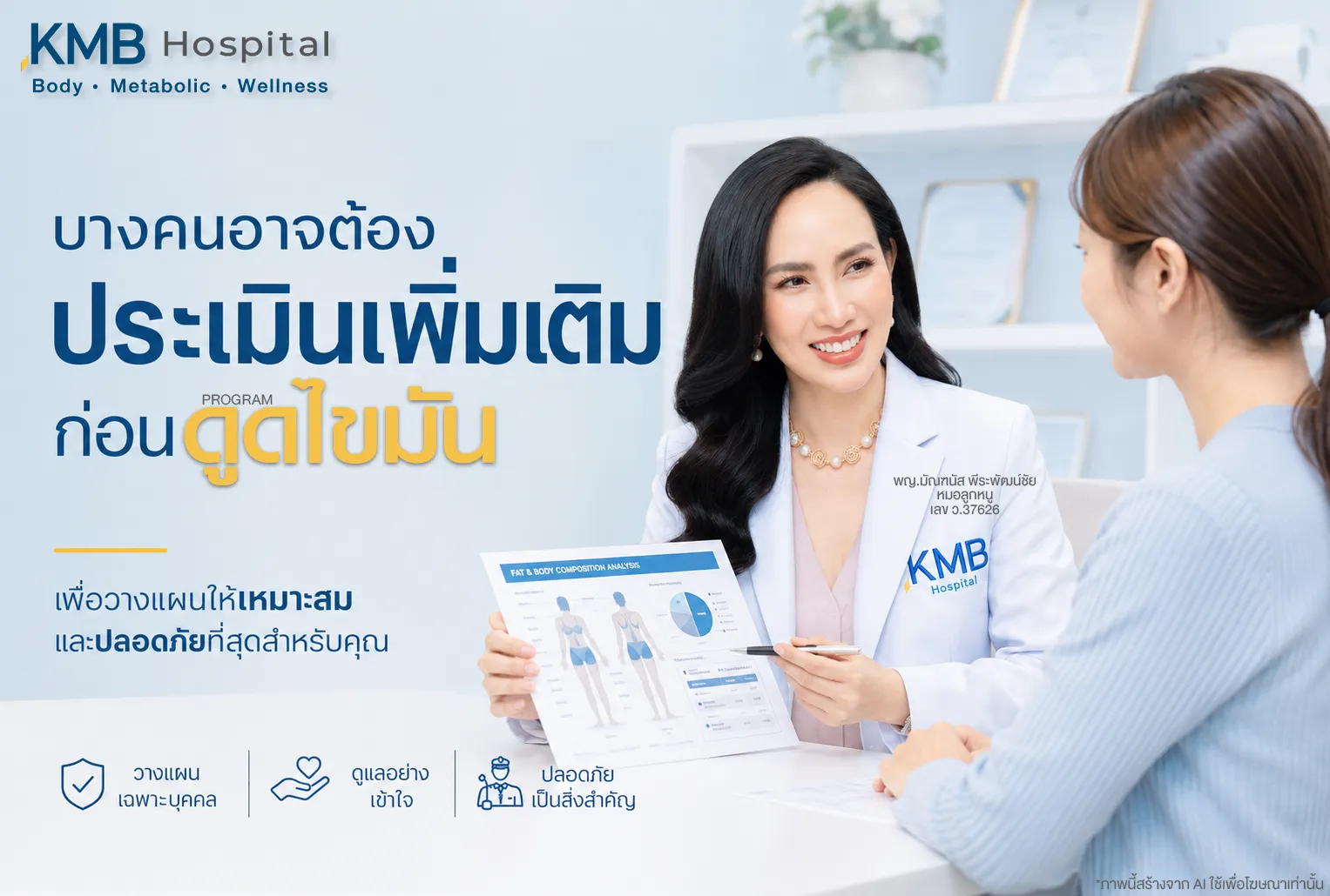 หมอลูกหนูอธิบายเหตุผลของการประเมินเพิ่มเติมก่อนดูดไขมันให้ผู้รับบริการ