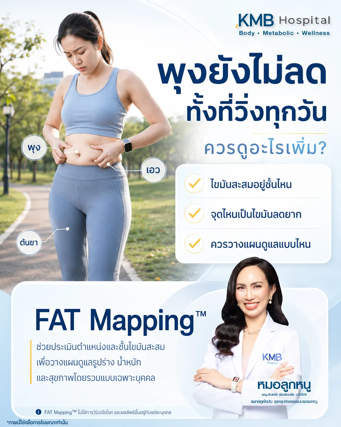 ภาพอินโฟกราฟิก KMB Hospital แนะนำผู้ที่วิ่งทุกวันแต่พุงยังไม่ลด ให้ประเมินตำแหน่งและชั้นไขมัน จุดที่ไขมันลดยาก และวางแผนดูแลเฉพาะบุคคลด้วย FAT Mapping เพื่อดูแลรูปร่างและสุขภาพโดยรวม