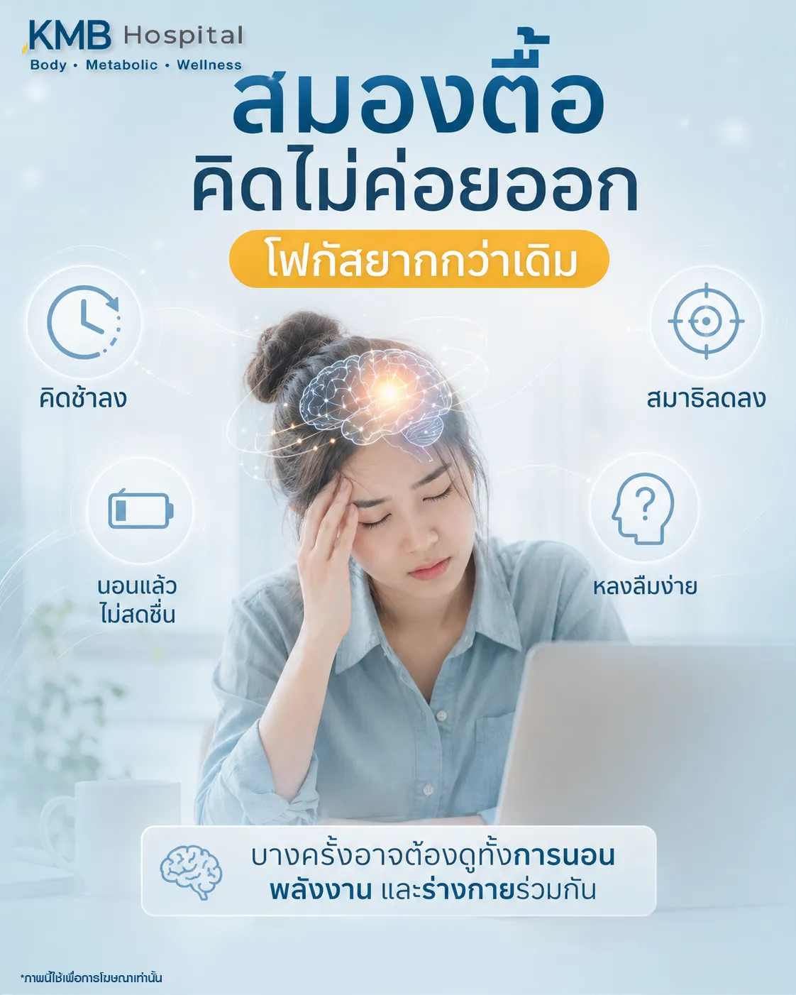 ภาพอินโฟกราฟิก KMB Hospital เรื่องสมองตื้อ คิดไม่ค่อยออก และโฟกัสยากกว่าเดิม แสดงอาการคิดช้าลง สมาธิลดลง นอนแล้วไม่สดชื่น และหลงลืมง่าย พร้อมแนะนำให้ดูทั้งการนอน พลังงาน และร่างกายร่วมกัน