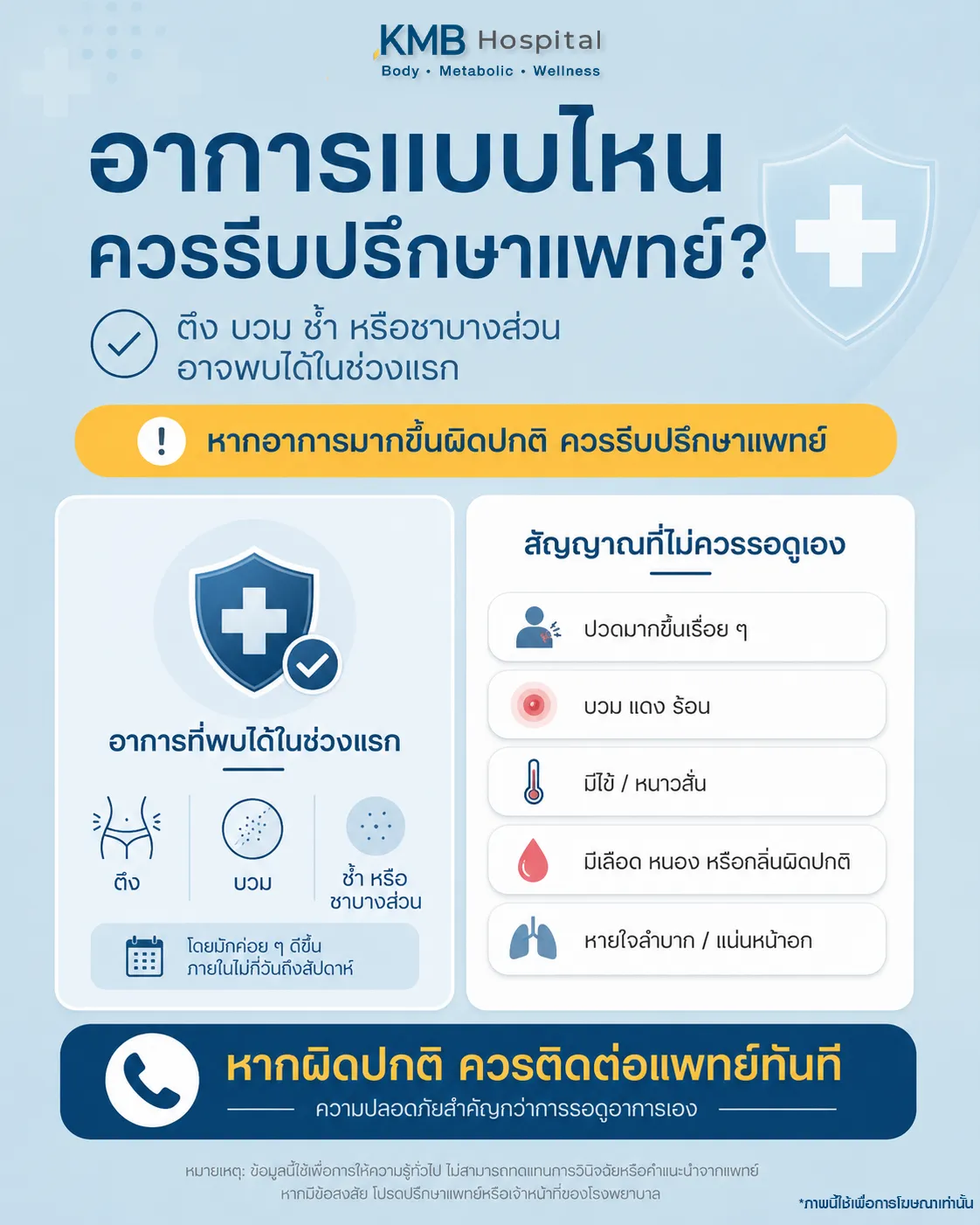 ภาพอินโฟกราฟิก KMB Hospital เรื่องสัญญาณผิดปกติหลังทำโปรแกรมดูดไขมันเหนียงที่ควรรีบปรึกษาแพทย์ เช่น ปวดมากขึ้นเรื่อย ๆ บวมแดงร้อน มีไข้ มีเลือดหรือหนอง และหายใจลำบากหรือแน่นหน้าอก