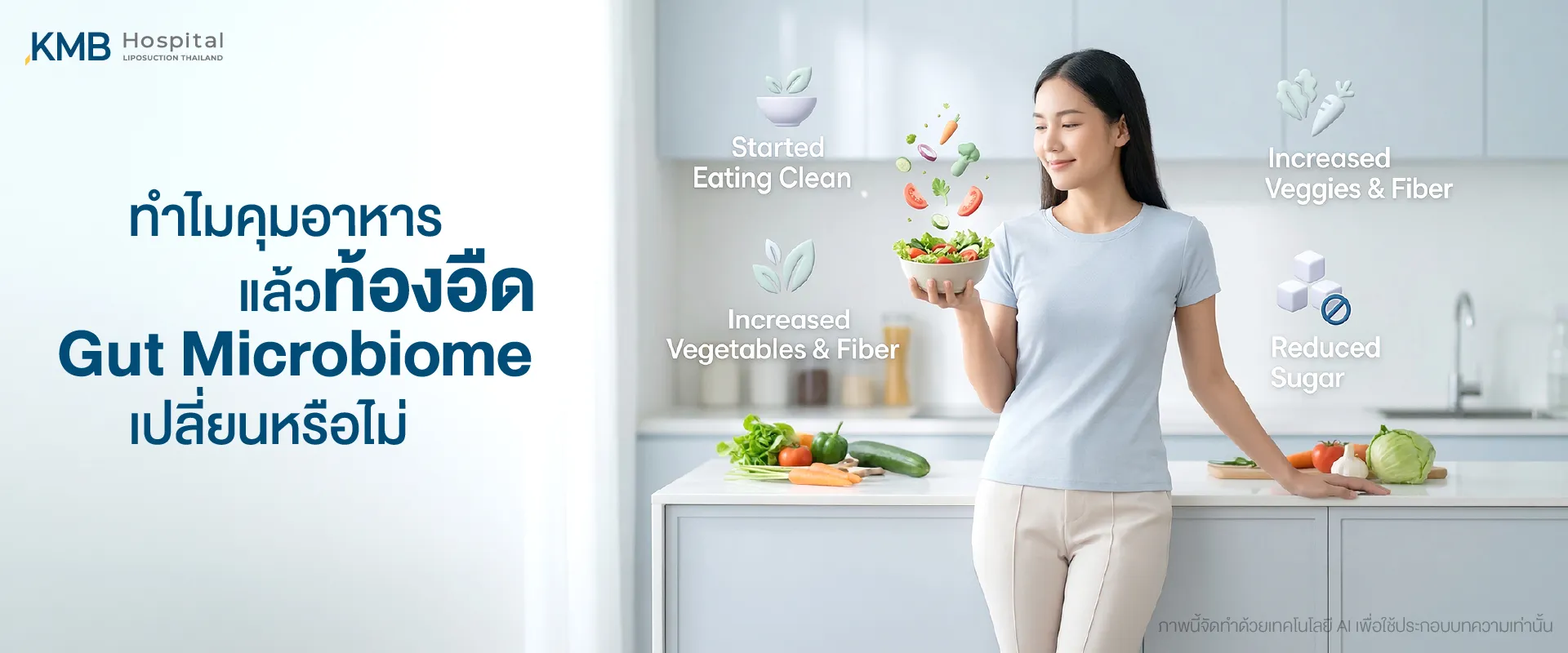 ภาพปกบทความแสดงผู้หญิงถือชามสลัดหลังเริ่มควบคุมอาหาร เพิ่มผักและใยอาหาร พร้อมกราฟิกสื่อถึงการลดน้ำตาล เพื่ออธิบายว่าอาการท้องอืดอาจเกี่ยวข้องกับการปรับตัวของ Gut Microbiome ต่อรูปแบบอาหารใหม่