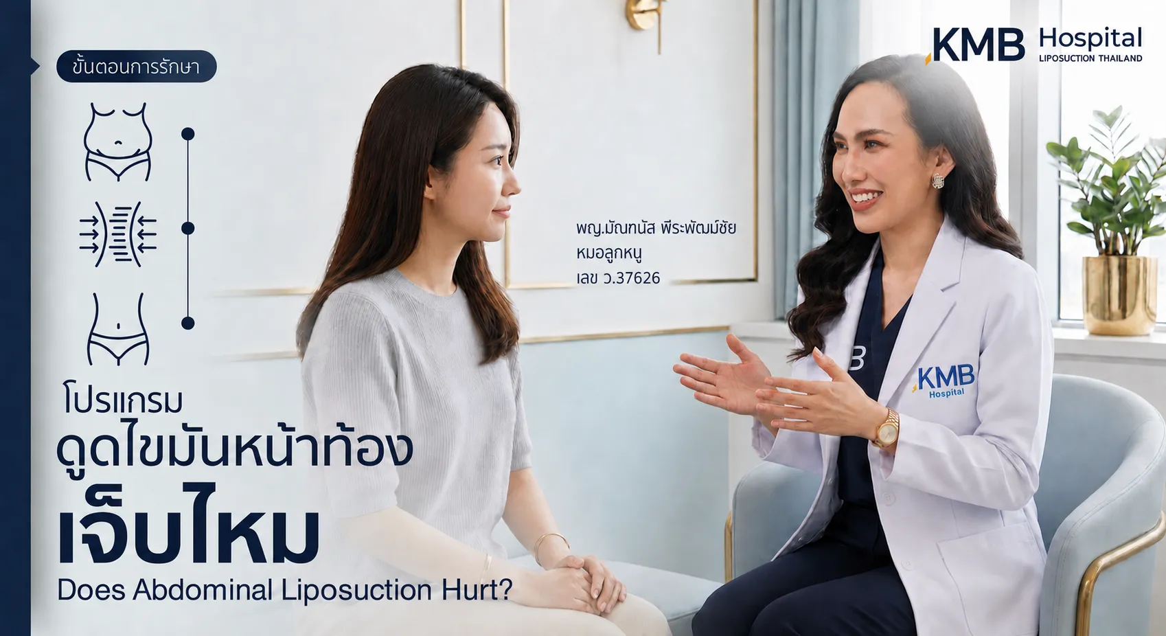 ภาพปกบทความ KMB Hospital แสดงแพทย์ให้คำปรึกษาผู้รับบริการเกี่ยวกับโปรแกรมดูดไขมันหน้าท้อง พร้อมภาพประกอบขั้นตอนการรักษาและการดูแลความสบายอย่างเหมาะสม