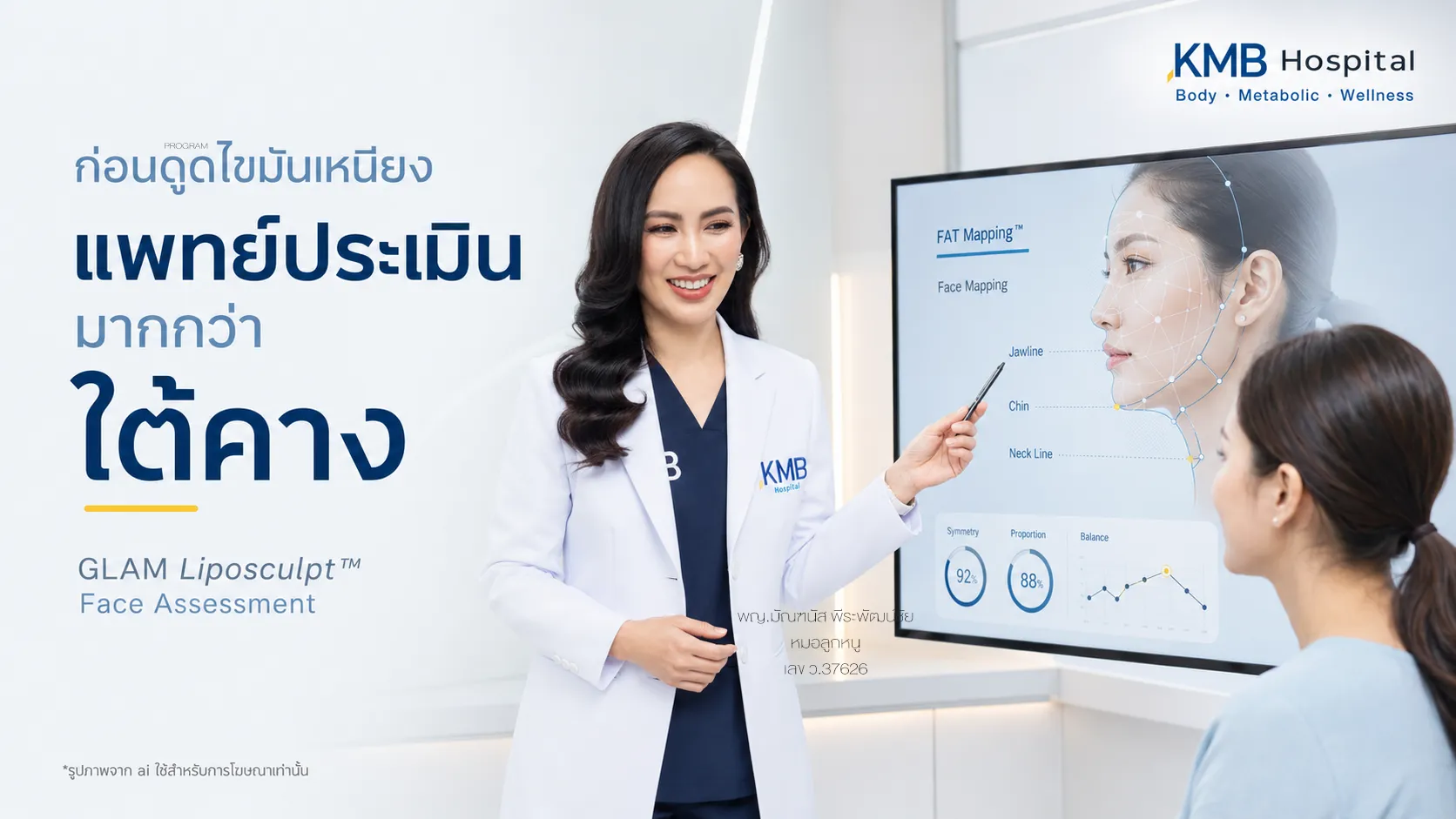 หมอลูกหนูประเมินใบหน้าก่อนดูดไขมันเหนียงแบบ GLAM Liposculpt™