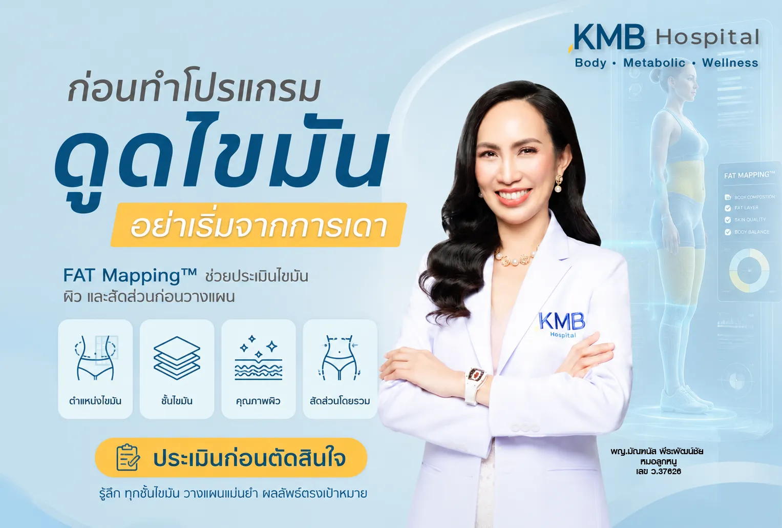 ภาพปกบทความ KMB Hospital อธิบายว่าก่อนทำโปรแกรมดูดไขมันควรเริ่มจาก FAT Mapping เพื่อประเมินตำแหน่งและชั้นไขมัน คุณภาพผิว และสัดส่วนโดยรวมก่อนวางแผนเฉพาะบุคคล