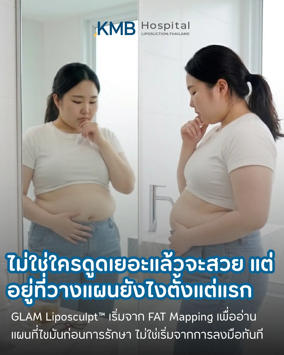 ภาพประชาสัมพันธ์โปรแกรม GLAM Liposculpt ของ KMB Hospital แสดงผู้หญิงประเมินหน้าท้องหน้ากระจก พร้อมอธิบายการใช้ FAT Mapping เพื่ออ่านแผนที่ไขมันและวางแผนการรักษาเฉพาะบุคคล