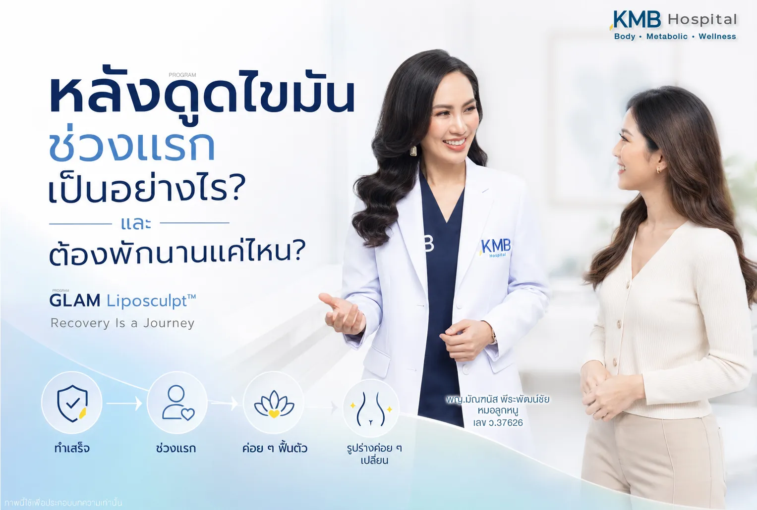 หลังดูดไขมันแบบ GLAM Liposculpt™ ร่างกายจะค่อย ๆ ฟื้นตัวเป็นลำดับ และระยะพักฟื้นของแต่ละคนอาจแตกต่างกัน