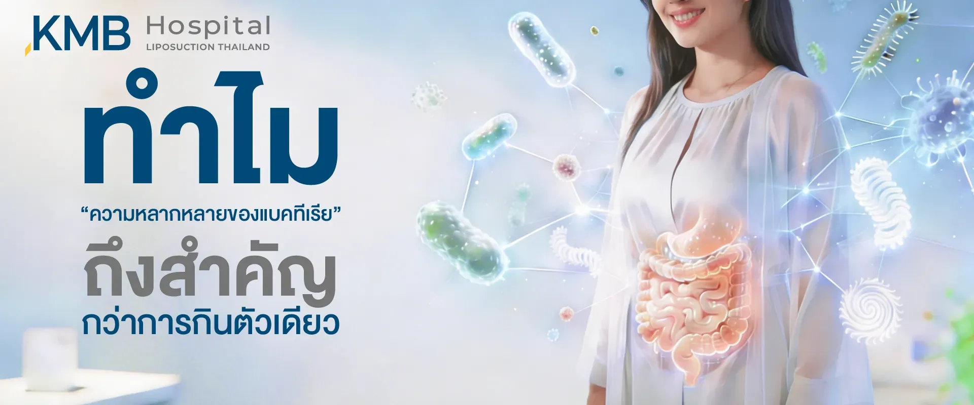 ภาพปกบทความแสดงผู้หญิงพร้อมกราฟิกระบบลำไส้และจุลินทรีย์หลากหลายชนิด เพื่ออธิบายว่าความหลากหลายของแบคทีเรียใน Gut Microbiome มีความสำคัญต่อสมดุลและการทำงานของลำไส้มากกว่าการเน้นรับประทานจุลินทรีย์เพียงสายพันธุ์เดียว