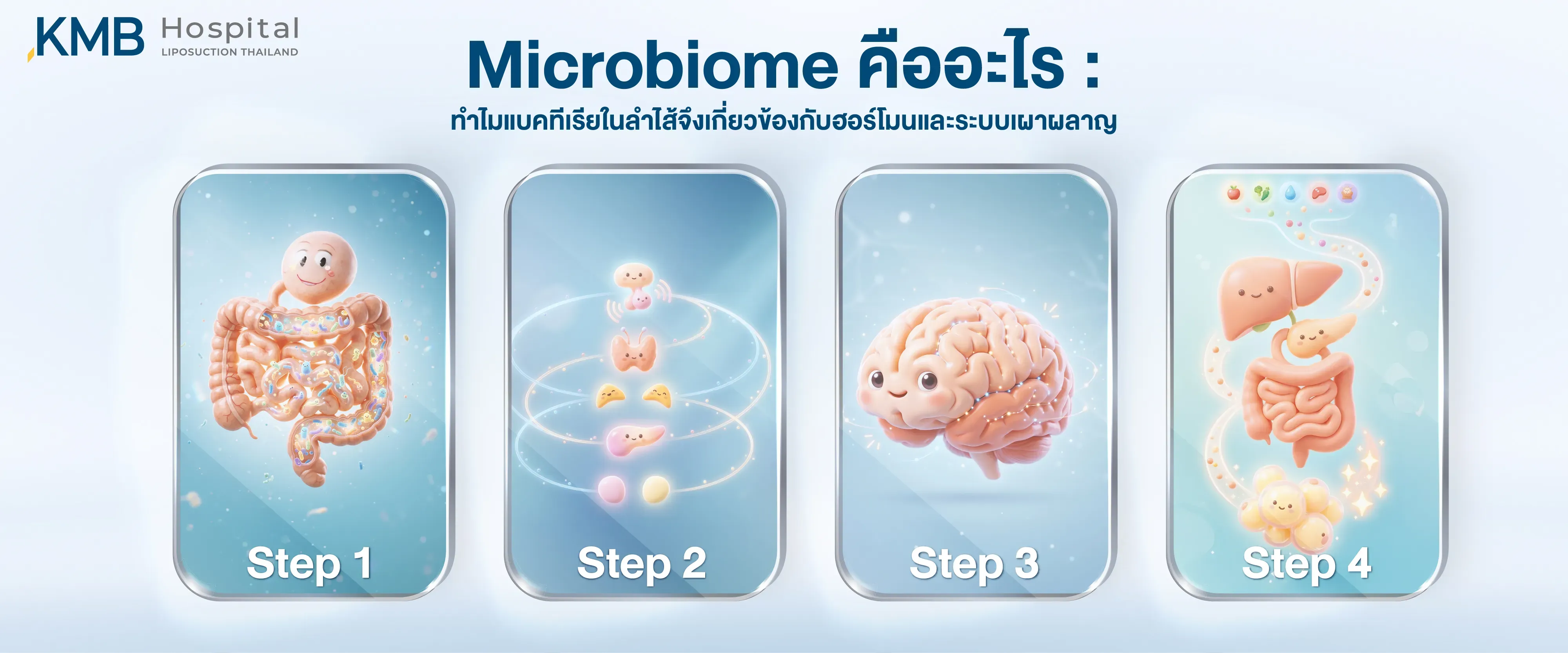 ภาพปกบทความอธิบาย Microbiome หรือชุมชนจุลินทรีย์ในลำไส้ ผ่านภาพระบบทางเดินอาหาร สารเมตาบอไลต์ สมอง และอวัยวะที่เกี่ยวข้อง สื่อถึงความเชื่อมโยงระหว่างแบคทีเรียในลำไส้ ฮอร์โมน Gut–Brain Axis และระบบเผาผลาญ