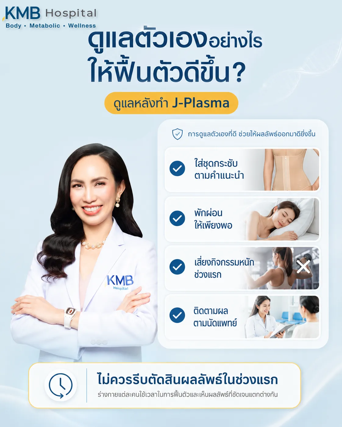 ภาพแนะนำการดูแลตัวเองหลังทำ J-Plasma เช่น ใส่ชุดกระชับ พักผ่อน หลีกเลี่ยงกิจกรรมหนัก และติดตามผลตามนัดแพทย์ที่ KMB Hospital