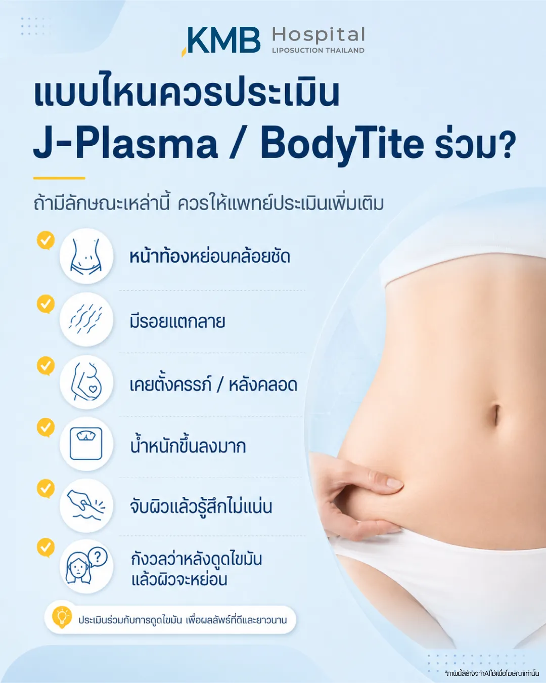 ภาพอธิบายลักษณะที่ควรประเมิน J-Plasma หรือ BodyTite ร่วมกับโปรแกรมดูดไขมันหน้าท้อง เช่น หน้าท้องหย่อนคล้อย รอยแตกลาย หลังคลอด น้ำหนักขึ้นลงมาก และกังวลเรื่องผิวหย่อน โดย KMB Hospital