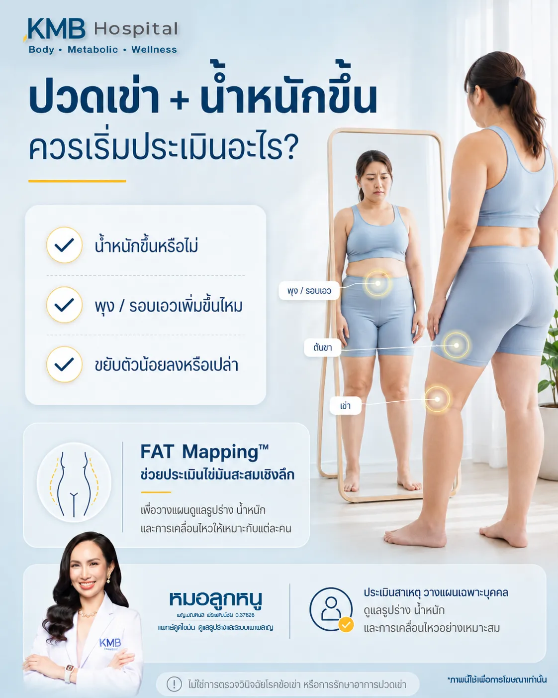 ภาพอินโฟกราฟิก KMB Hospital แนะนำการประเมินเมื่อมีอาการปวดเข่าร่วมกับน้ำหนักเพิ่ม โดยตรวจน้ำหนัก รอบเอว การเคลื่อนไหว และใช้ FAT Mapping เพื่อประเมินไขมันสะสมเชิงลึก วางแผนดูแลรูปร่าง น้ำหนัก และการเคลื่อนไหวให้เหมาะกับแต่ละบุคคล