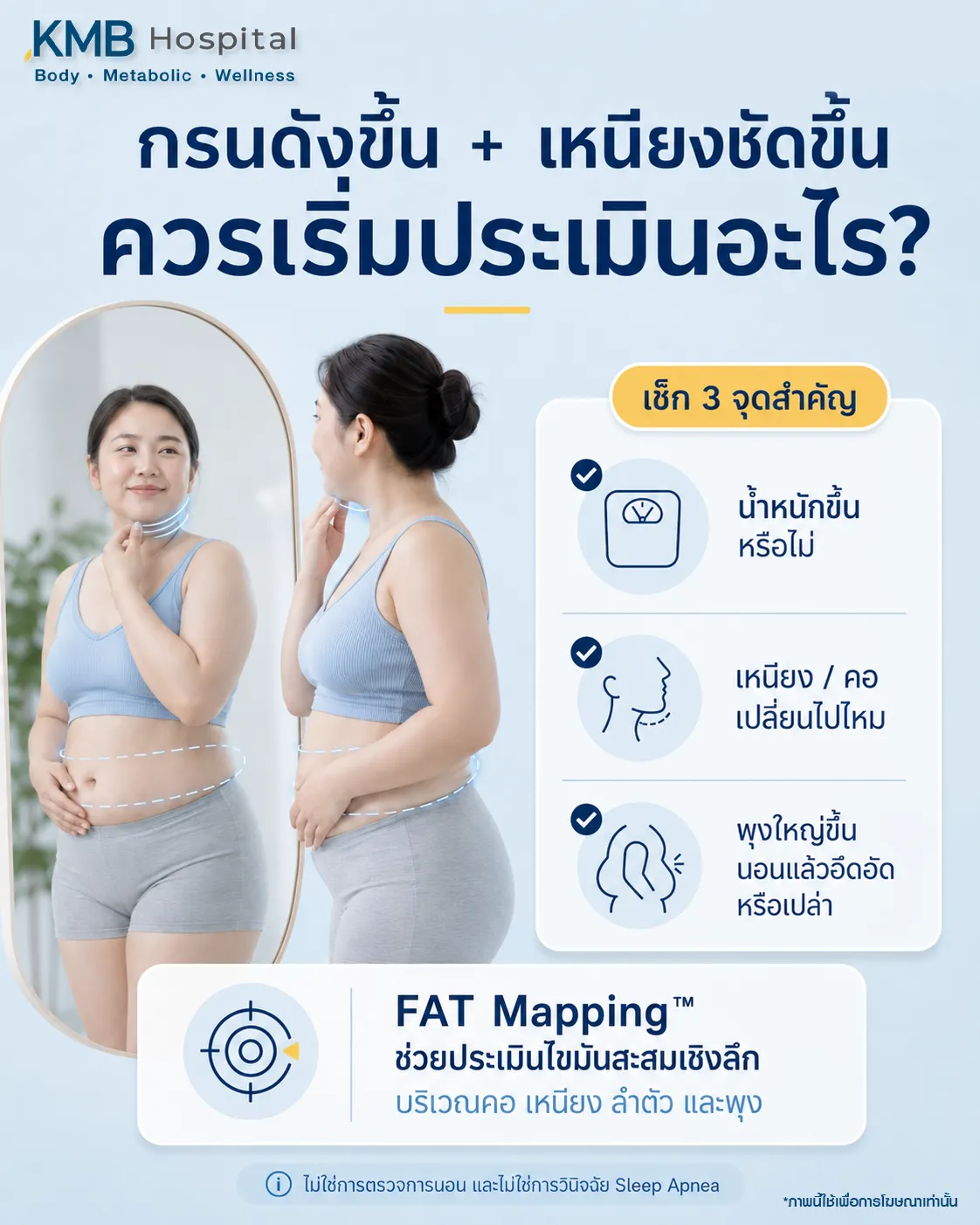 ภาพอินโฟกราฟิก KMB Hospital เรื่องกรนดังขึ้นร่วมกับเหนียงชัดขึ้น ควรเริ่มประเมินน้ำหนัก เหนียง คอ และพุงที่ใหญ่ขึ้น พร้อมแนะนำ FAT Mapping เพื่อช่วยประเมินไขมันสะสมเชิงลึกบริเวณคอ เหนียง ลำตัว และพุง