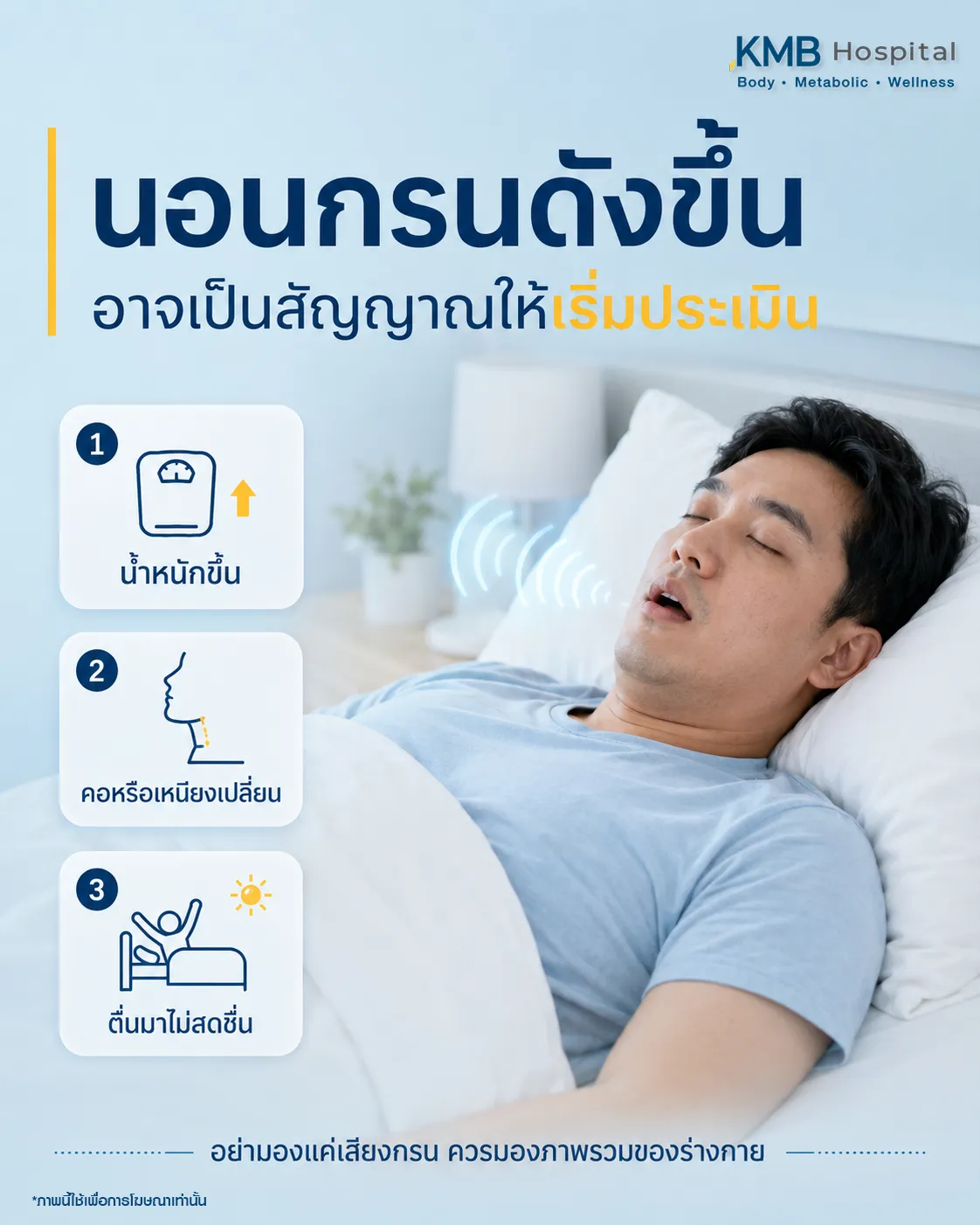 ภาพอินโฟกราฟิก KMB Hospital เรื่องนอนกรนดังขึ้นหลังน้ำหนักขึ้น แสดงสัญญาณที่ควรเริ่มประเมิน เช่น น้ำหนักขึ้น คอหรือเหนียงเปลี่ยน และตื่นมาไม่สดชื่น พร้อมแนะนำให้ดูภาพรวมของร่างกายร่วมกัน