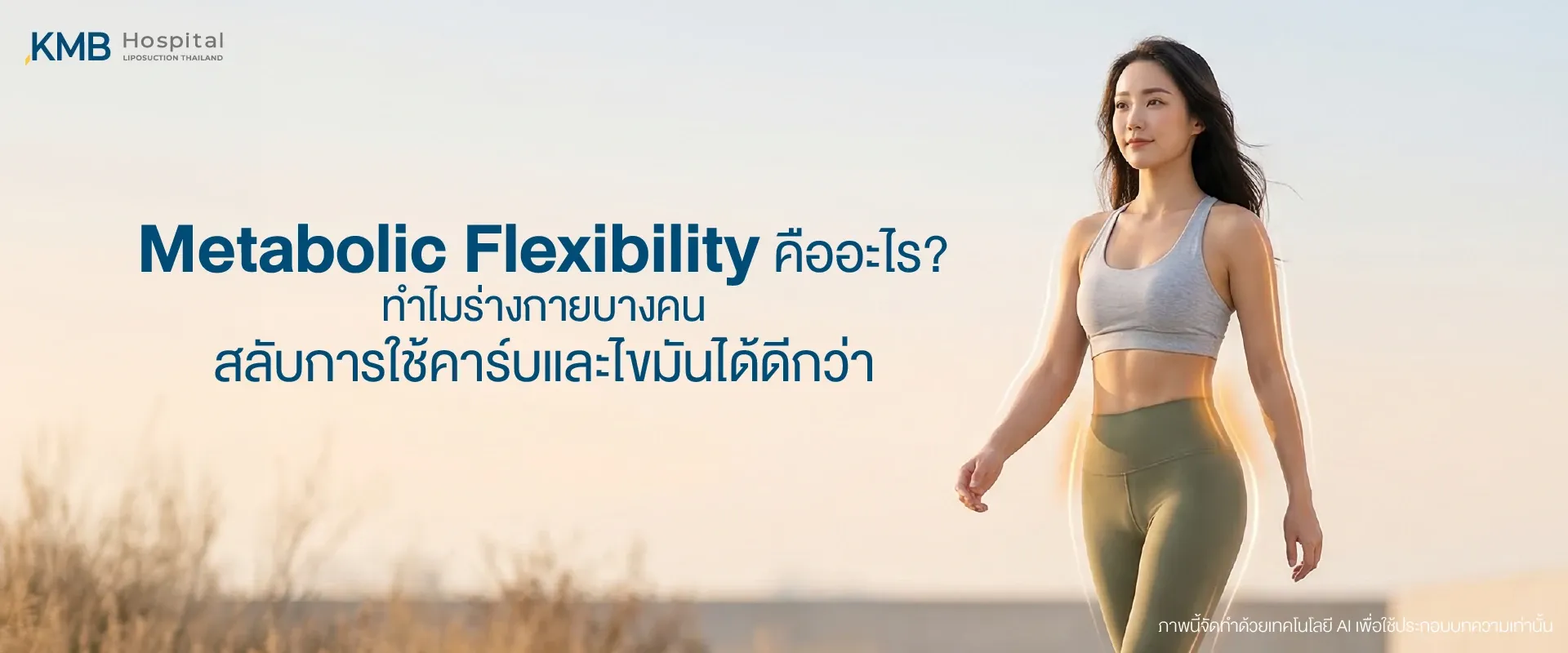 ผู้หญิงเดินออกกำลังกายกลางแจ้ง พร้อมข้อความอธิบาย Metabolic Flexibility หรือความสามารถของร่างกายในการสลับใช้คาร์โบไฮเดรตและไขมันเป็นพลังงาน