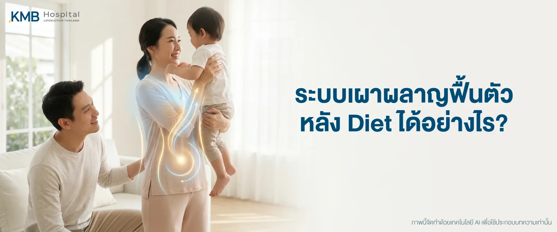 ครอบครัวใช้เวลาร่วมกันอย่างมีความสุข พร้อมกราฟิกระบบเผาผลาญบริเวณร่างกาย สื่อถึงการฟื้นตัวของระบบเผาผลาญหลังการควบคุมอาหารและการดูแลสุขภาพระยะยาว