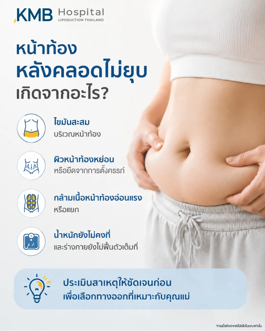 สาเหตุที่ทำให้หน้าท้องหลังคลอดไม่ยุบ เช่น ไขมันสะสม ผิวหน้าท้องหย่อน กล้ามเนื้อหน้าท้องอ่อนแรง และน้ำหนักยังไม่คงที่ โดย KMB Hospital