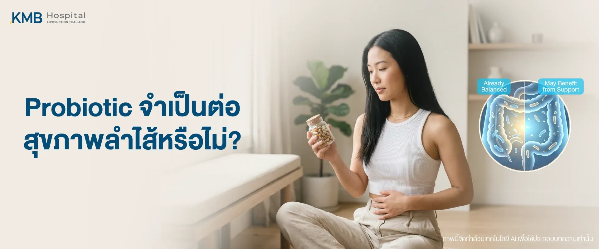 ผู้หญิงถือผลิตภัณฑ์โพรไบโอติกพร้อมภาพจำลองจุลินทรีย์ในลำไส้ อธิบายว่าโพรไบโอติกจำเป็นต่อสุขภาพลำไส้หรือไม่ และแต่ละคนอาจได้รับประโยชน์แตกต่างกัน
