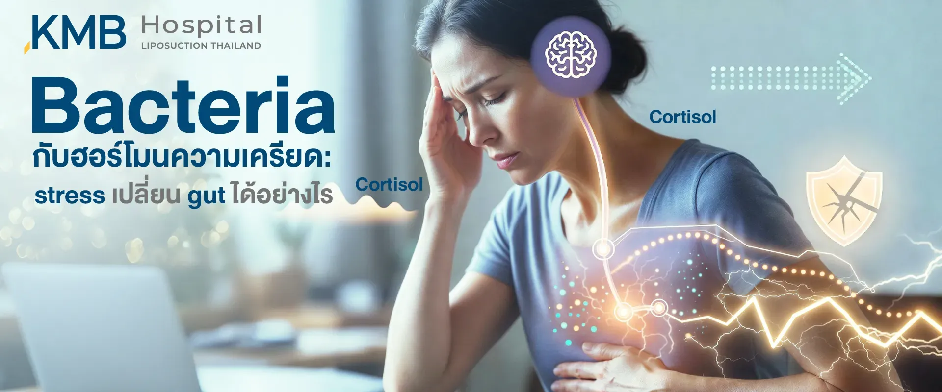 ภาพปกบทความแสดงผู้หญิงมีความเครียดและไม่สบายท้อง พร้อมกราฟิกเชื่อมโยงสมอง ระดับ Cortisol และระบบลำไส้ เพื่ออธิบายว่าความเครียดอาจส่งผลต่อสมดุลแบคทีเรียและ Gut Microbiome ได้อย่างไร