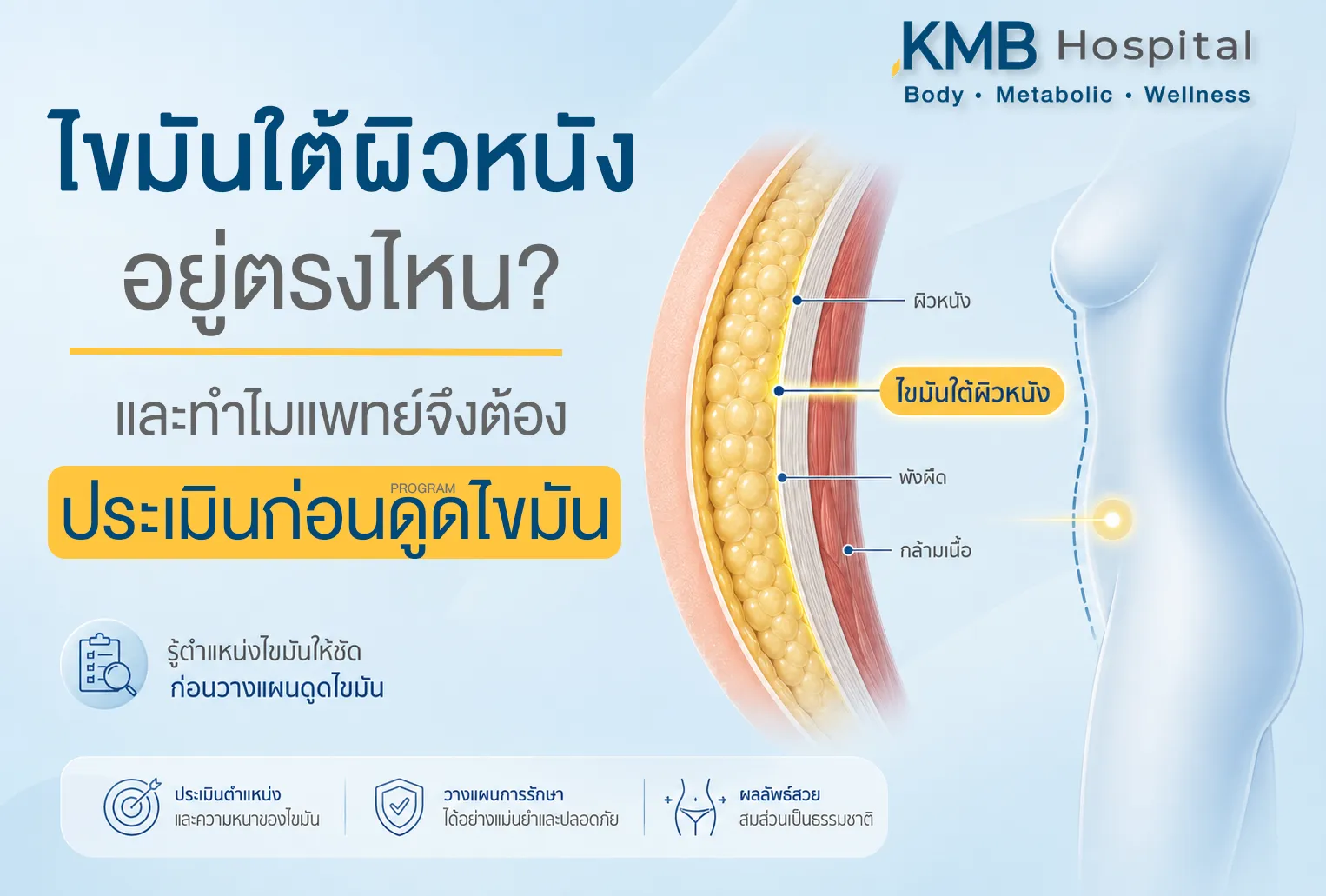 ภาพแสดงตำแหน่งของไขมันใต้ผิวหนังระหว่างผิวหนังและกล้ามเนื้อก่อนการประเมินด้วย FAT Mapping