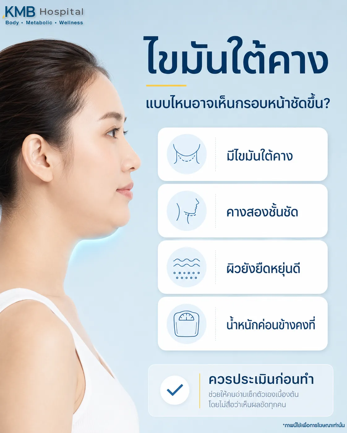 ภาพอินโฟกราฟิก KMB Hospital เรื่องไขมันใต้คางแบบใดอาจเห็นกรอบหน้าชัดขึ้น โดยพิจารณาจากปริมาณไขมันใต้คาง ความชัดของคางสองชั้น ความยืดหยุ่นของผิว และน้ำหนักที่ค่อนข้างคงที่ พร้อมแนะนำให้ประเมินก่อนทำโปรแกรมดูดไขมันเหนียง