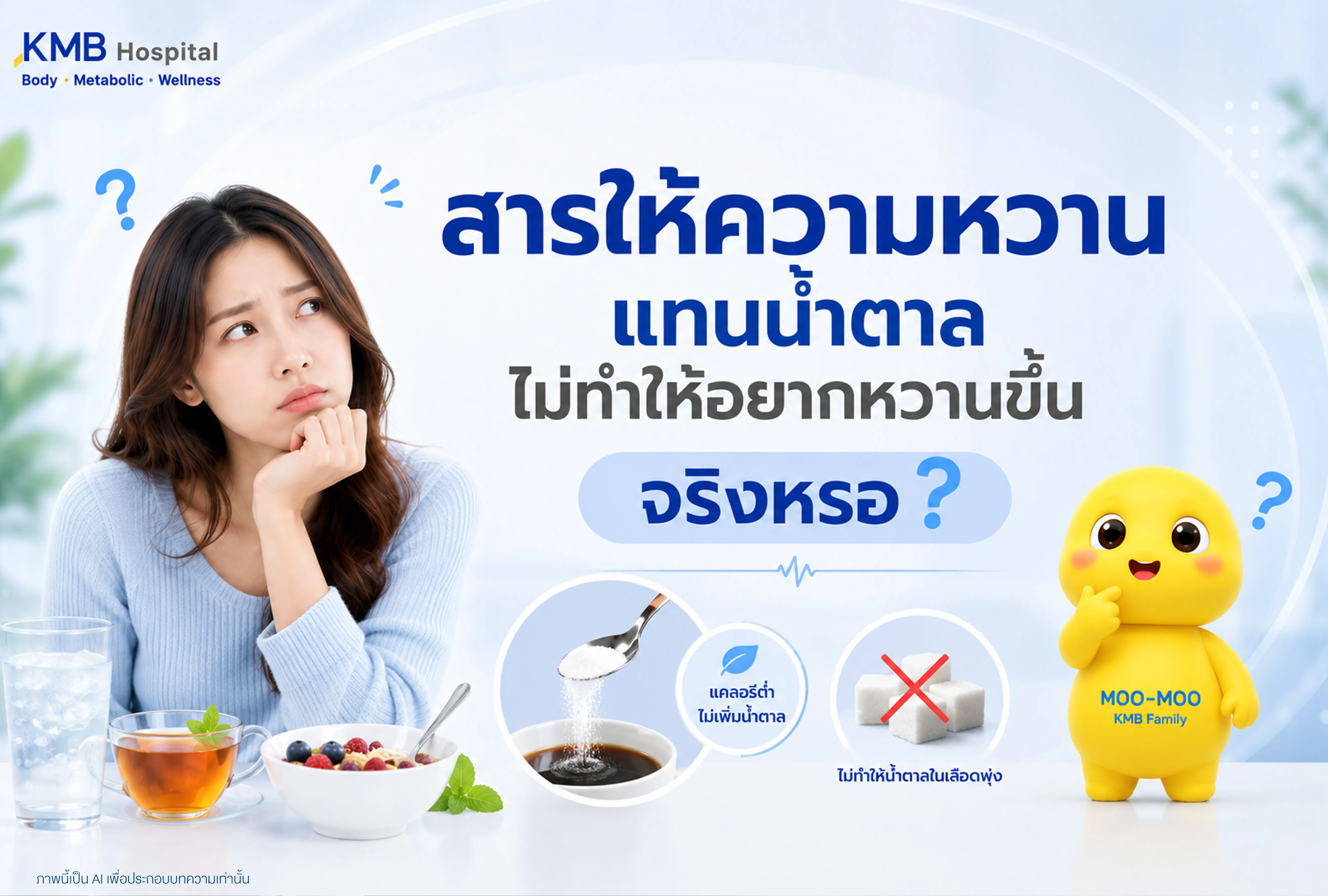 ภาพปกบทความแสดงผู้หญิงกำลังสงสัย พร้อมเครื่องดื่มและสารให้ความหวาน เพื่ออธิบายว่าการใช้สารให้ความหวานแทนน้ำตาลอาจไม่ทำให้น้ำตาลในเลือดพุ่งทันที แต่ไม่ได้หมายความว่าจะช่วยลดความอยากหวานในทุกคน