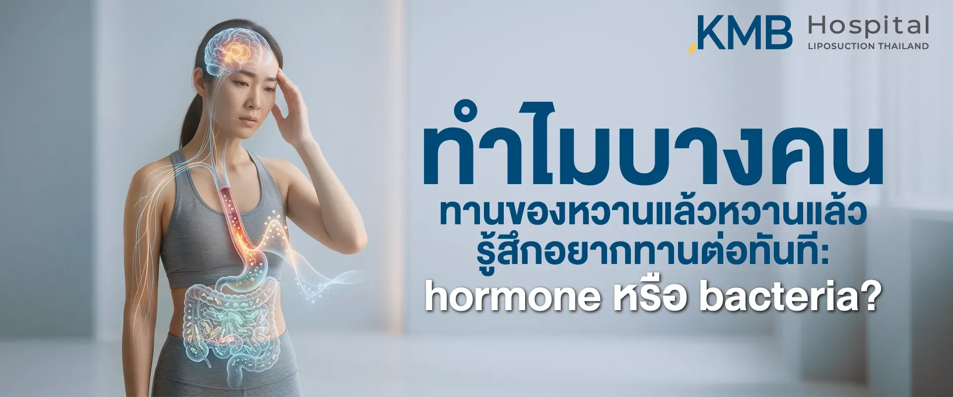 ภาพปกบทความแสดงผู้หญิงพร้อมกราฟิกสมอง ระบบทางเดินอาหาร และเส้นทางสื่อสาร Gut–Brain Axis อธิบายความอยากรับประทานของหวานต่อทันที ซึ่งอาจเกี่ยวข้องกับระบบรางวัลของสมอง การตอบสนองของฮอร์โมน และจุลินทรีย์ในลำไส้