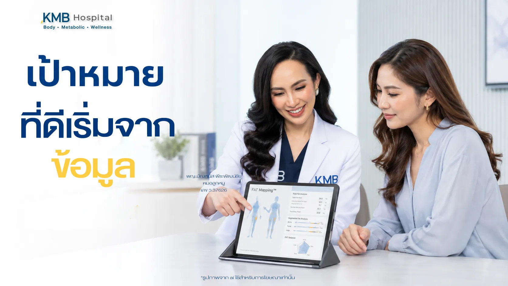 แพทย์อธิบายข้อมูลจาก FAT Mapping™ เพื่อกำหนดเป้าหมายก่อนวางแผนดูดไขมัน