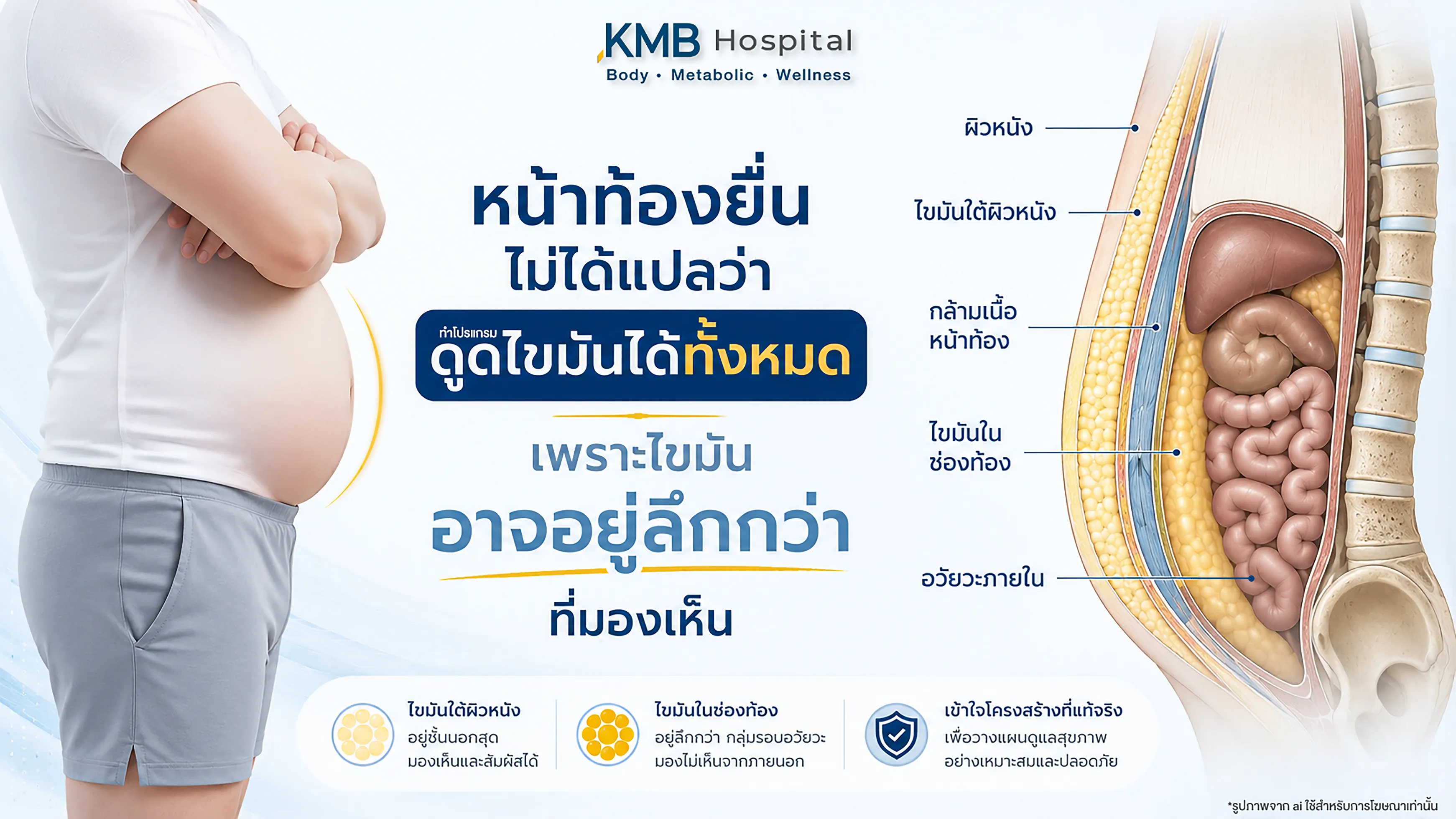 ภาพเปรียบเทียบไขมันใต้ผิวหนังและไขมันในช่องท้องที่ทำให้หน้าท้องยื่น พร้อมแสดงว่าการดูดไขมันไม่สามารถนำไขมันรอบอวัยวะออกได้