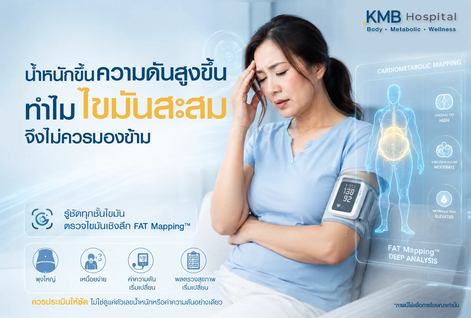 ภาพประกอบบทความ KMB Hospital เรื่องน้ำหนักขึ้น ความดันสูงขึ้น และเหตุผลที่ไขมันสะสมไม่ควรมองข้าม แสดงผู้หญิงวัดความดันร่วมกับการวิเคราะห์ไขมันเชิงลึกด้วย FAT Mapping เพื่อประเมินพุงใหญ่ เหนื่อยง่าย ค่าความดัน และผลตรวจสุขภาพที่เริ่มเปลี่ยน
