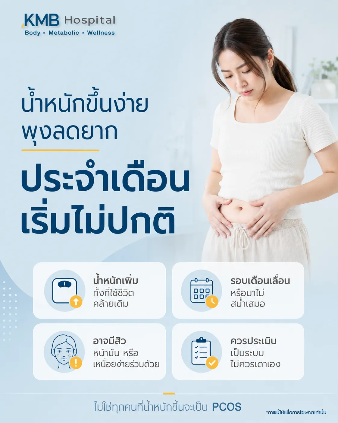ภาพอินโฟกราฟิก KMB Hospital เรื่องน้ำหนักขึ้นร่วมกับประจำเดือนผิดปกติและ PCOS แสดงผู้หญิงจับหน้าท้องพร้อมภาพสัญลักษณ์มดลูกและไขมันสะสม พร้อมอธิบายความเชื่อมโยงของน้ำหนักขึ้น ฮอร์โมนแปรปรวน ผิวพรรณ และรอบเดือน พร้อมแนะนำให้ประเมินร่างกายด้วย FAT Mapping