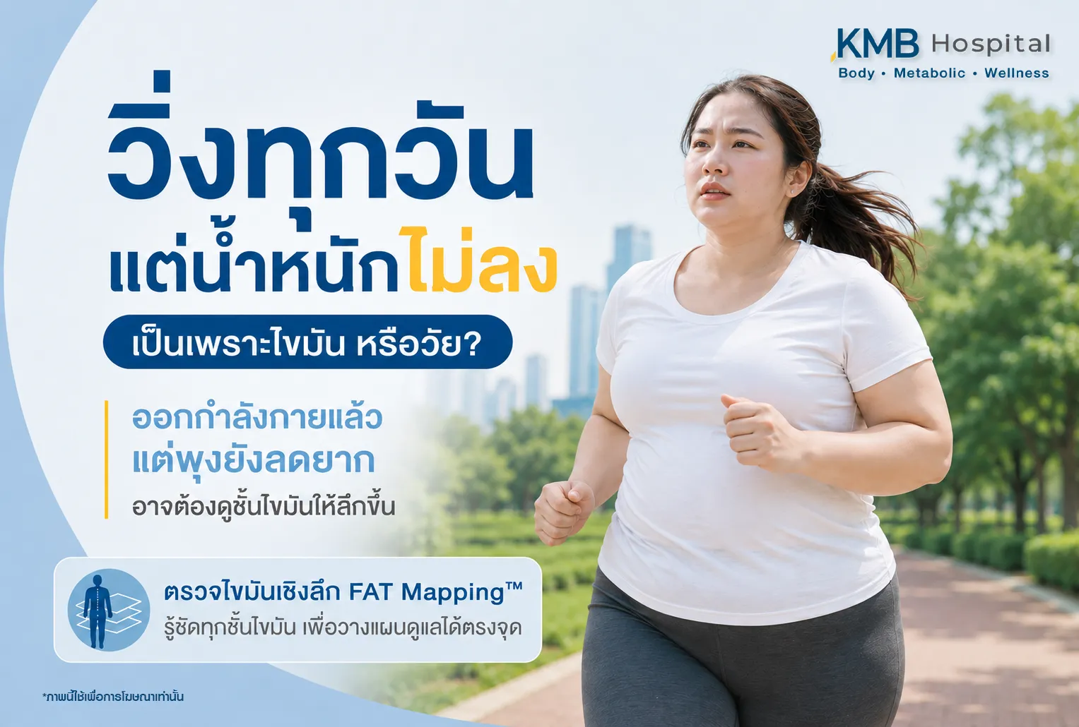 ภาพอินโฟกราฟิก KMB Hospital เรื่องวิ่งทุกวันแต่พุงไม่ลง อาจเกิดจากไขมันสะสมหรือวัย แสดงผู้หญิงวิ่งอยู่บนทางเดินสวน พร้อมแนะนำให้ตรวจไขมันเชิงลึกด้วย FAT Mapping เพื่อตรวจตำแหน่งไขมันสะสมและประเมินร่างกาย