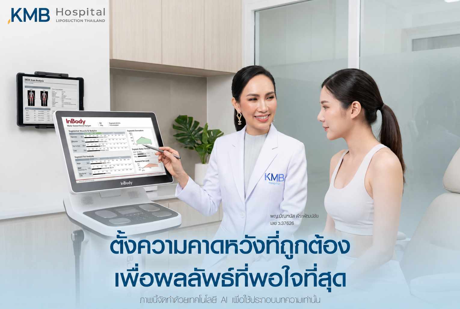 ภาพแพทย์ KMB Hospital อธิบายผลตรวจองค์ประกอบร่างกายจากเครื่อง InBody ให้ผู้รับบริการ เพื่อประเมินมวลกล้ามเนื้อ ไขมัน และตั้งความคาดหวังก่อนทำโปรแกรมดูดไขมัน