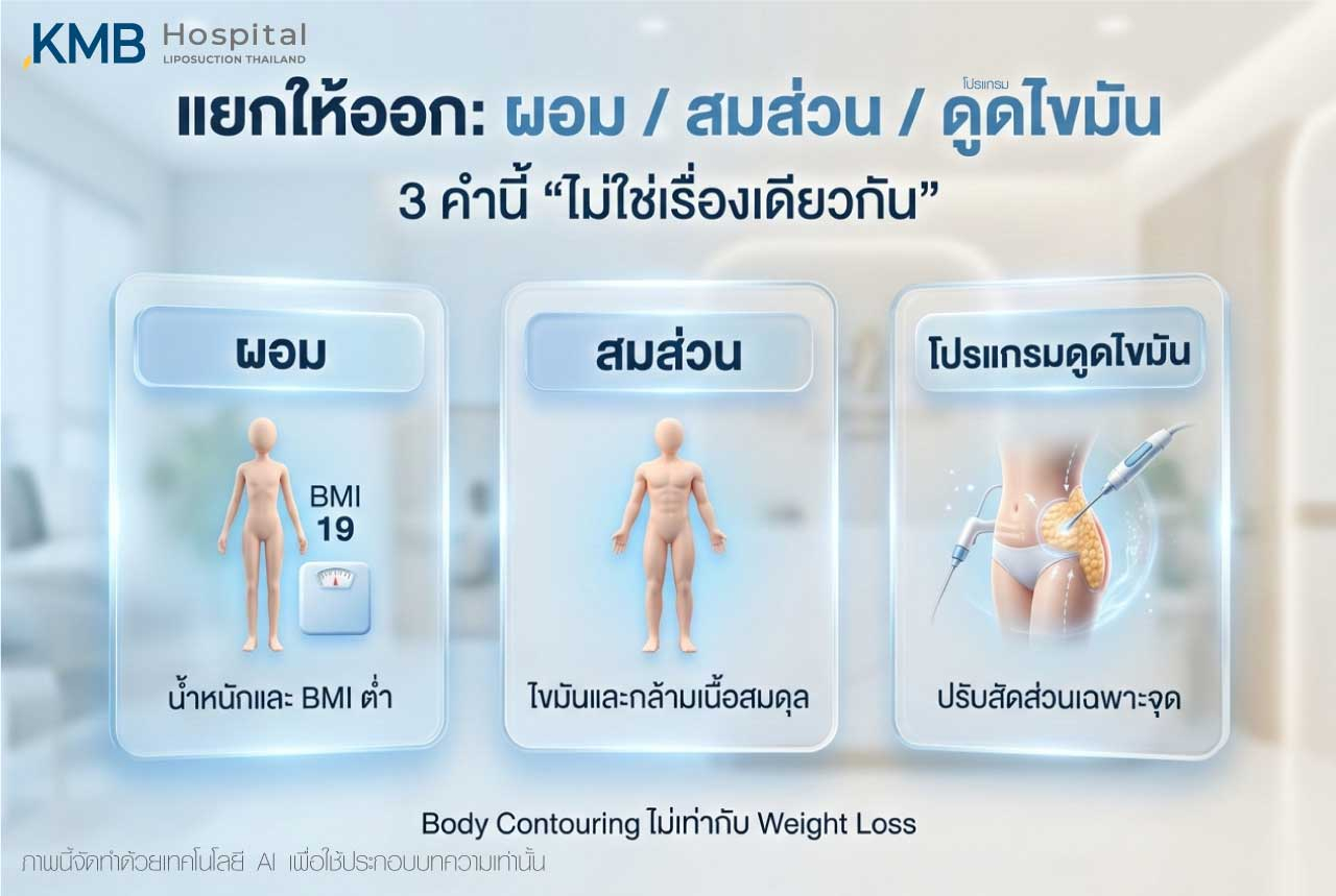 อินโฟกราฟิกเปรียบเทียบความแตกต่างระหว่างรูปร่างผอม สัดส่วนร่างกาย และโปรแกรมดูดไขมัน โดยอธิบายว่าน้ำหนัก ค่า BMI องค์ประกอบร่างกาย และการปรับสัดส่วนเฉพาะจุดเป็นคนละเรื่องกัน