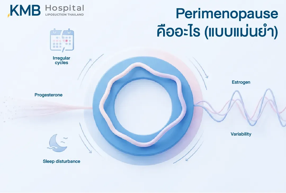 อินโฟกราฟิกอธิบาย Perimenopause หรือช่วงเปลี่ยนผ่านก่อนหมดประจำเดือน แสดงความผันผวนของ Estrogen และ Progesterone ร่วมกับรอบเดือนที่ไม่สม่ำเสมอและปัญหาการนอนหลับ
