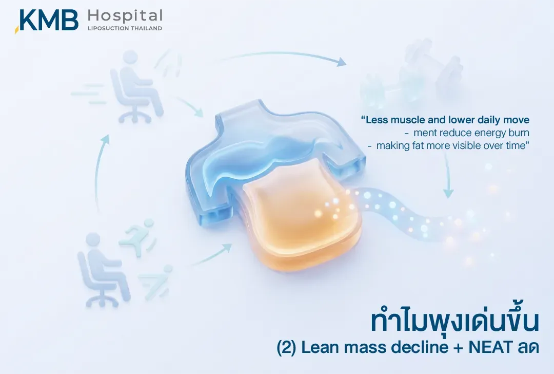 อินโฟกราฟิกอธิบายว่าในช่วง Perimenopause มวลกล้ามเนื้อและการเคลื่อนไหวในชีวิตประจำวันหรือ NEAT ที่ลดลง อาจทำให้การใช้พลังงานลดลงและเห็นไขมันบริเวณหน้าท้องชัดขึ้นตามเวลา