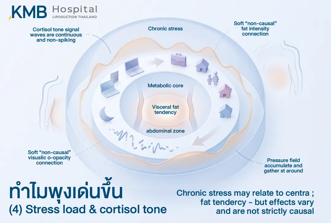 อินโฟกราฟิกอธิบายว่าในช่วง Perimenopause ความเครียดเรื้อรังและรูปแบบการหลั่ง Cortisol อาจสัมพันธ์กับแนวโน้มการสะสมไขมันบริเวณหน้าท้องและไขมันในช่องท้อง แต่ไม่ใช่ความสัมพันธ์เชิงสาเหตุโดยตรงและแตกต่างกันในแต่ละบุคคล