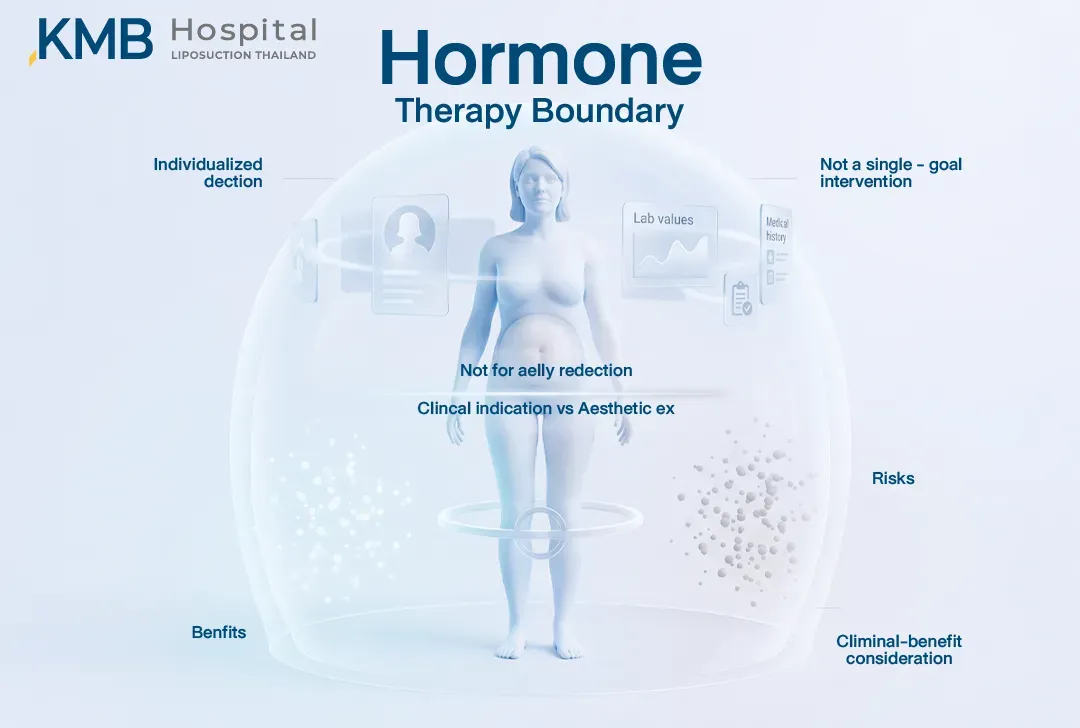อินโฟกราฟิกอธิบายขอบเขตการใช้ Hormone Therapy ในช่วง Perimenopause โดยพิจารณาข้อบ่งชี้ทางคลินิก ประวัติสุขภาพ ผลตรวจทางห้องปฏิบัติการ ประโยชน์ ความเสี่ยง และความเหมาะสมเฉพาะบุคคล