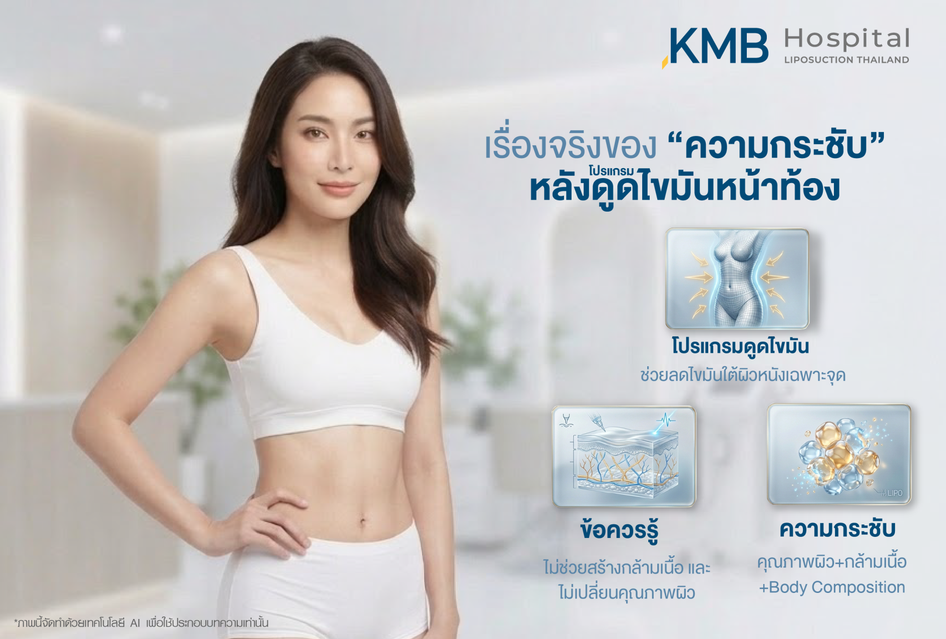 อินโฟกราฟิก KMB Hospital อธิบายความกระชับหลังโปรแกรมดูดไขมันหน้าท้อง โดยระบุว่าโปรแกรมดูดไขมันช่วยลดไขมันใต้ผิวหนังเฉพาะจุด แต่ไม่ช่วยสร้างกล้ามเนื้อหรือเปลี่ยนคุณภาพผิว ซึ่งผลด้านความกระชับขึ้นอยู่กับคุณภาพผิว กล้ามเนื้อ และองค์ประกอบร่างกาย
